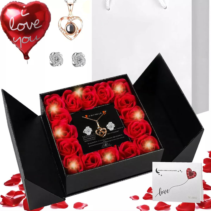 Caja de Joyas y Rosas + Regalos